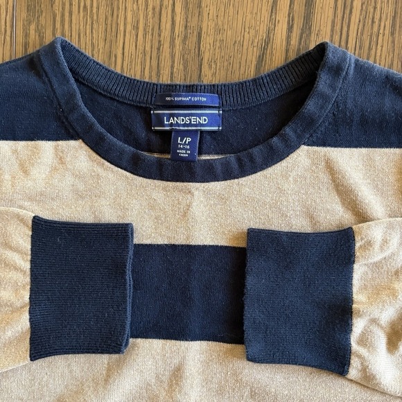 Lands' End Supima Cotton Sweater Women's L/P 14-16 Navy Tan Stripe 3/4 Sleeve - Picture 2 of 10